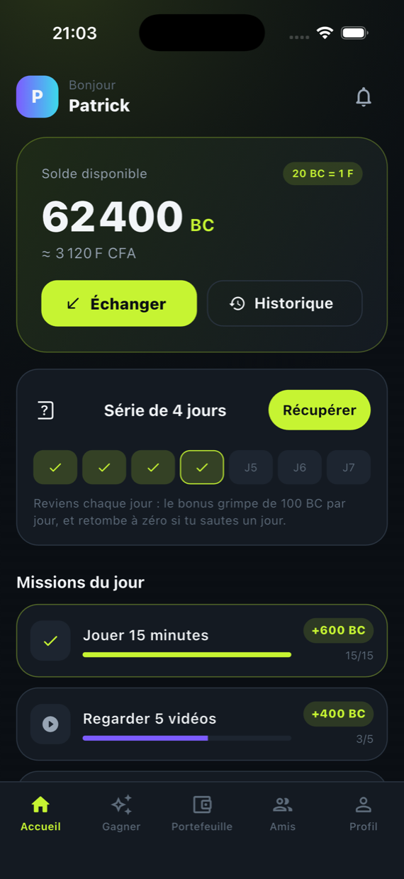 Écran d’accueil de Blinko avec le solde en BlinkoCoins