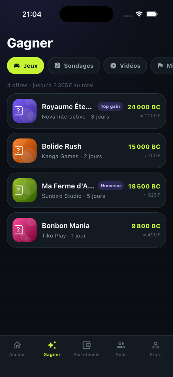 Écran des offres disponibles dans Blinko