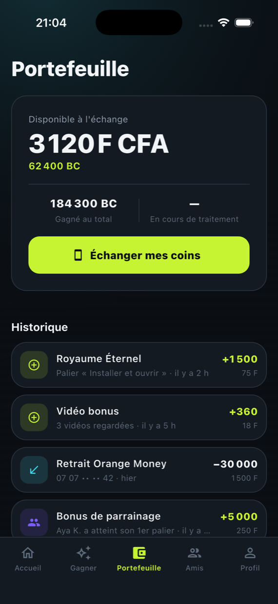 Portefeuille Blinko avec l’historique des gains